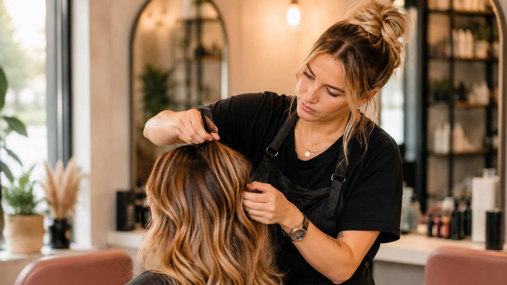 Lena steckt einer Kundin im Krönli die Haare hoch, warmes Licht im Salon