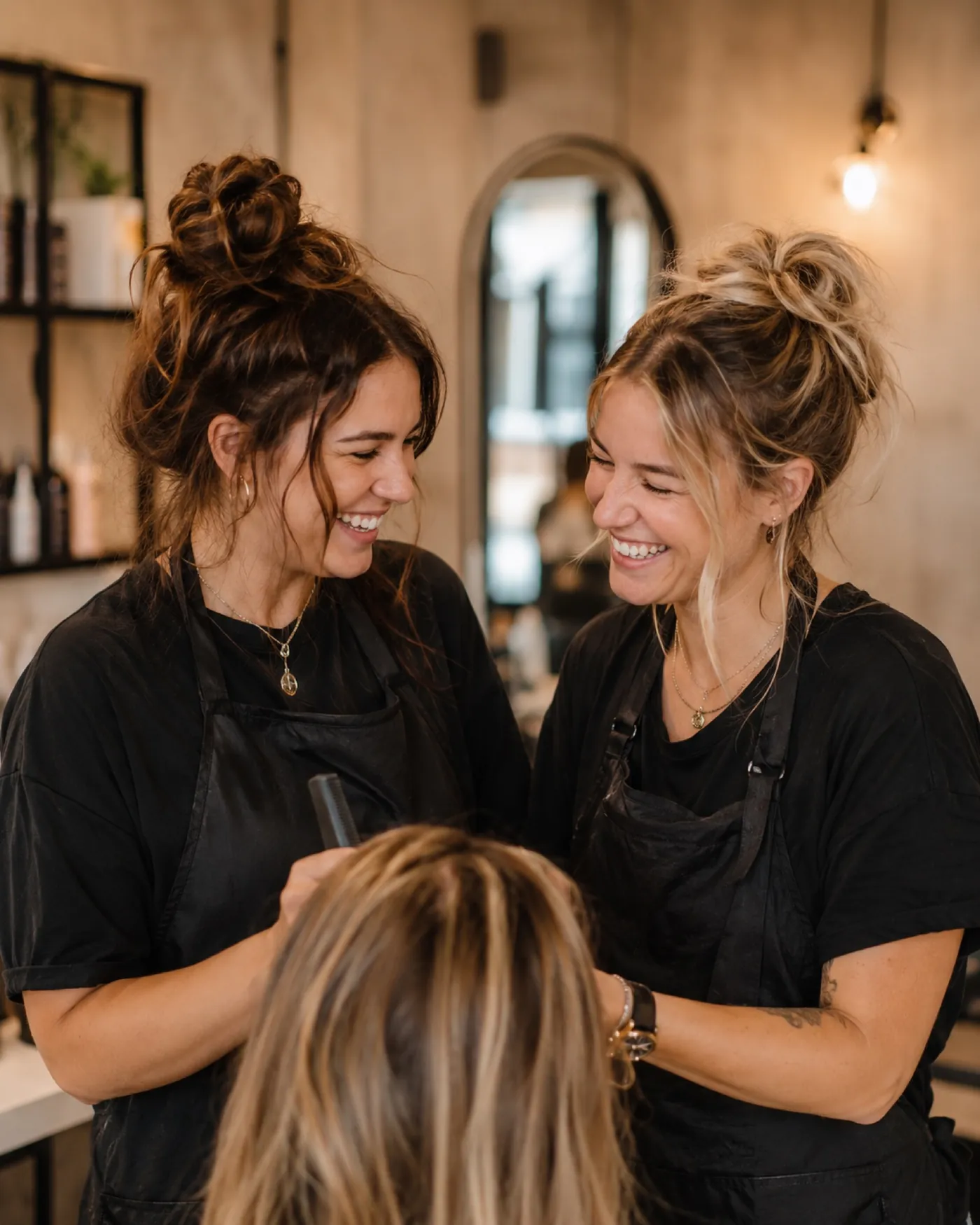 Mara und Lena lachen gemeinsam bei der Arbeit im Salon