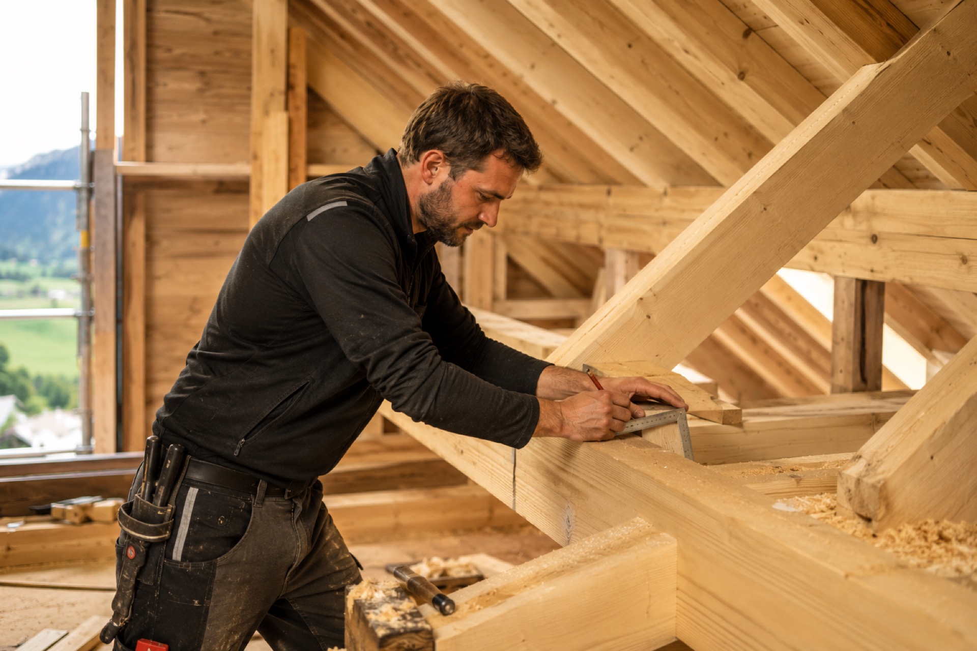 Zimmermann bei der Arbeit am Dachstuhl
