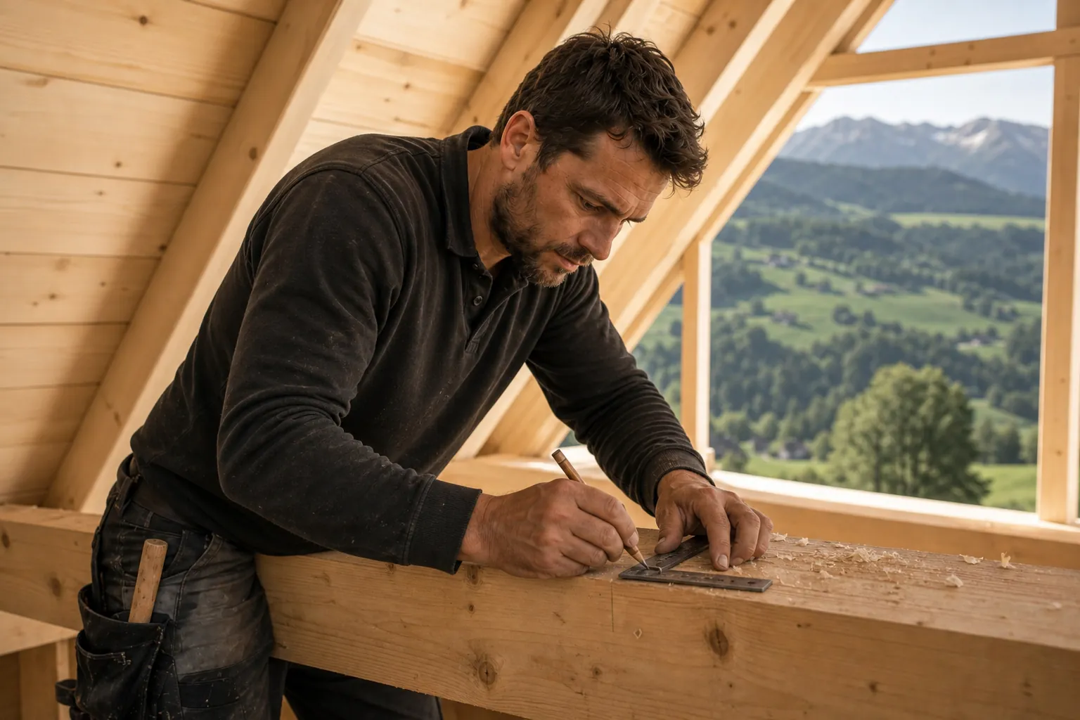 Marco Brunner misst einen Balken am neuen Dachstuhl aus