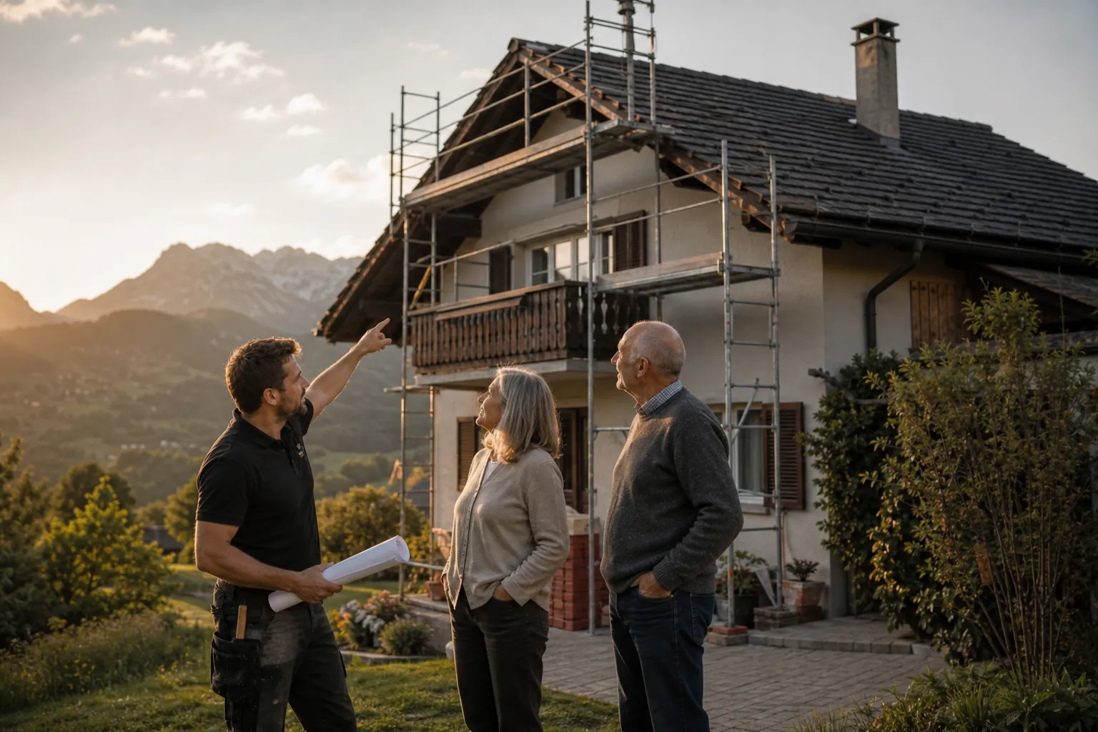 Marco Brunner bespricht mit einem Ehepaar die Dachsanierung vor ihrem Haus