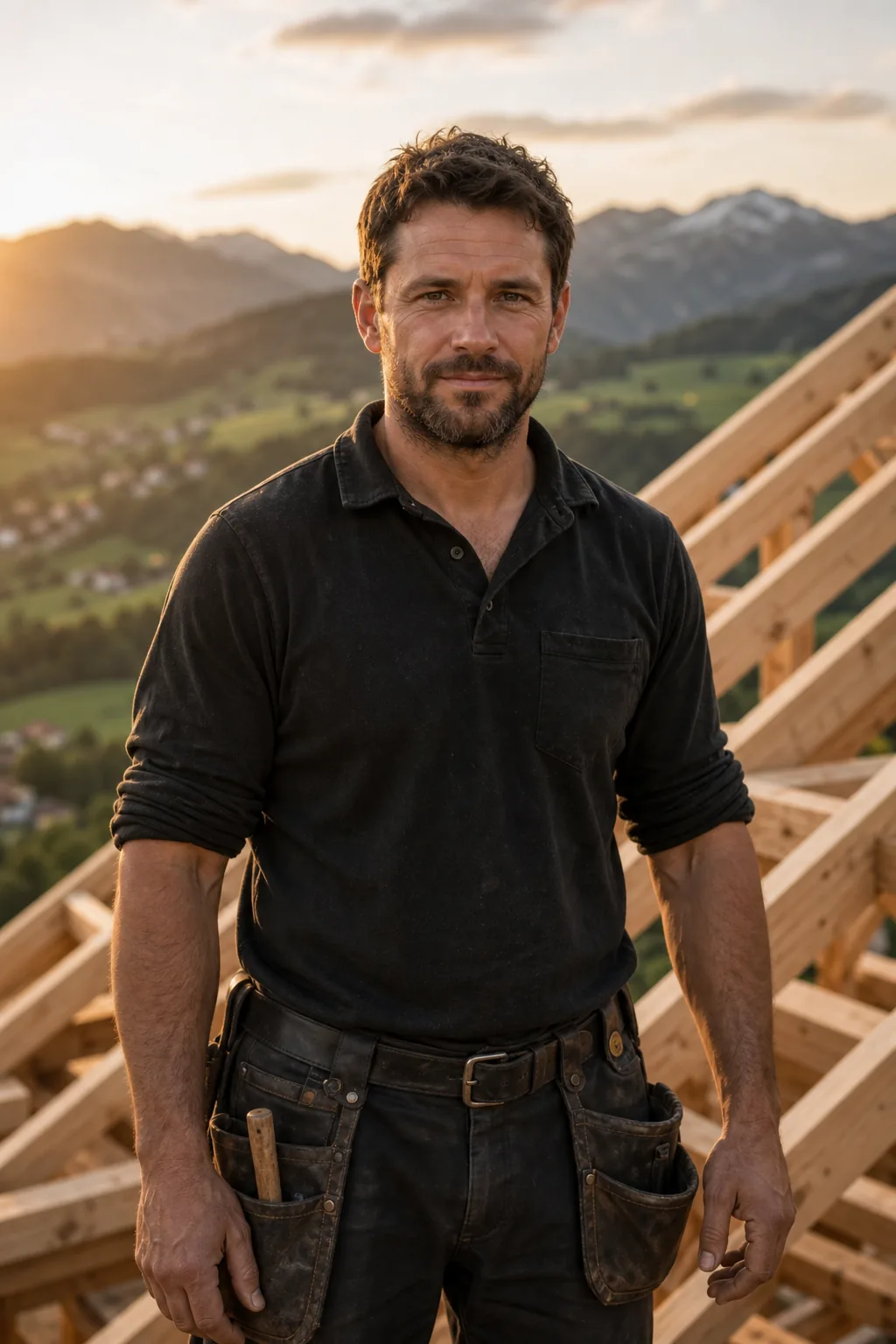 Marco Brunner, Zimmermann EFZ, vor einem neuen Dachstuhl
